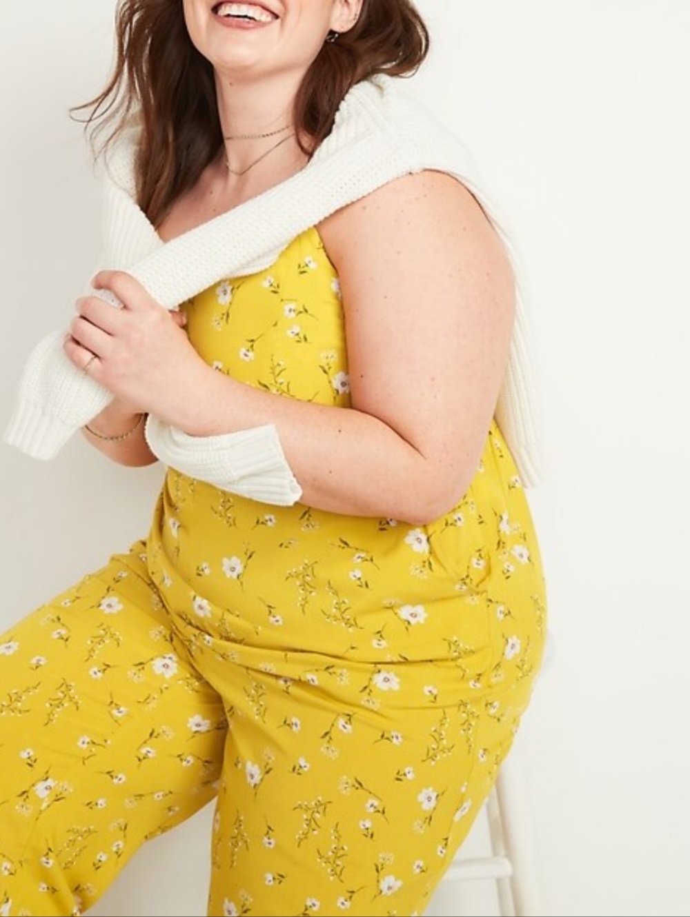 Old Navy yellow floral sleeveless square neck straight leg jumpsuit - Picture 2 of 13